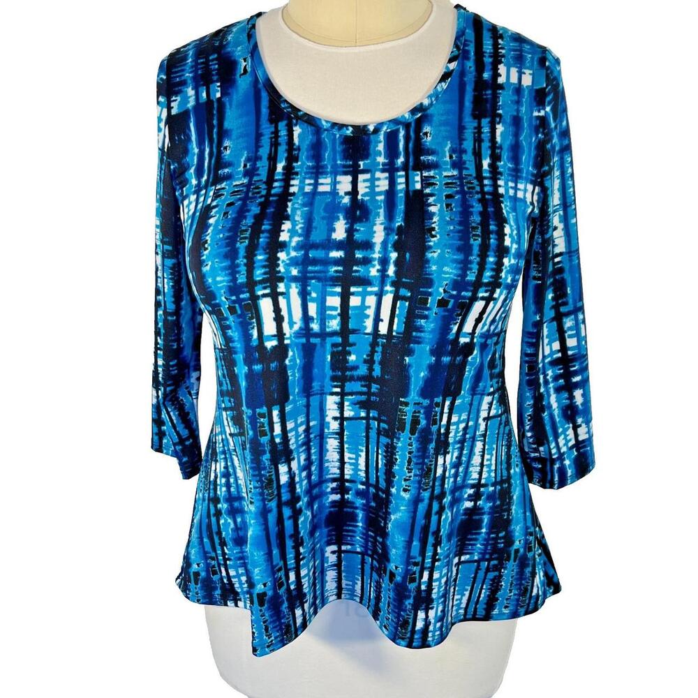 C'est La Vie Tunic Top Women's L Scoop Neck 3/4 Sleeve Blue Geometric Abstract